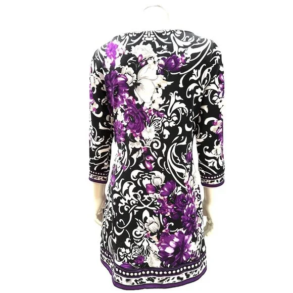 White House Black Market Medium Floral Black Purple Shift Dress Stretch Bold Des - Picture 4 of 12